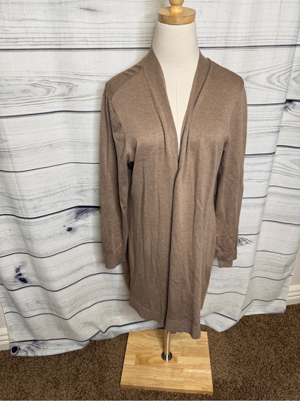 Karen Scott Open-Front Taupe/Brown Lightweight Cardigan